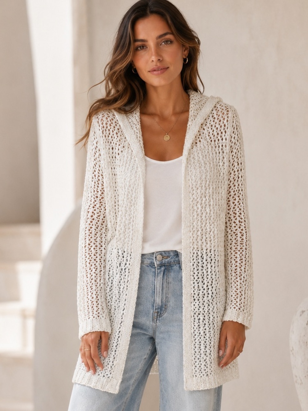 Joie NWT Hooded Open Knit Sequin Duster Cardigan XS White Resort